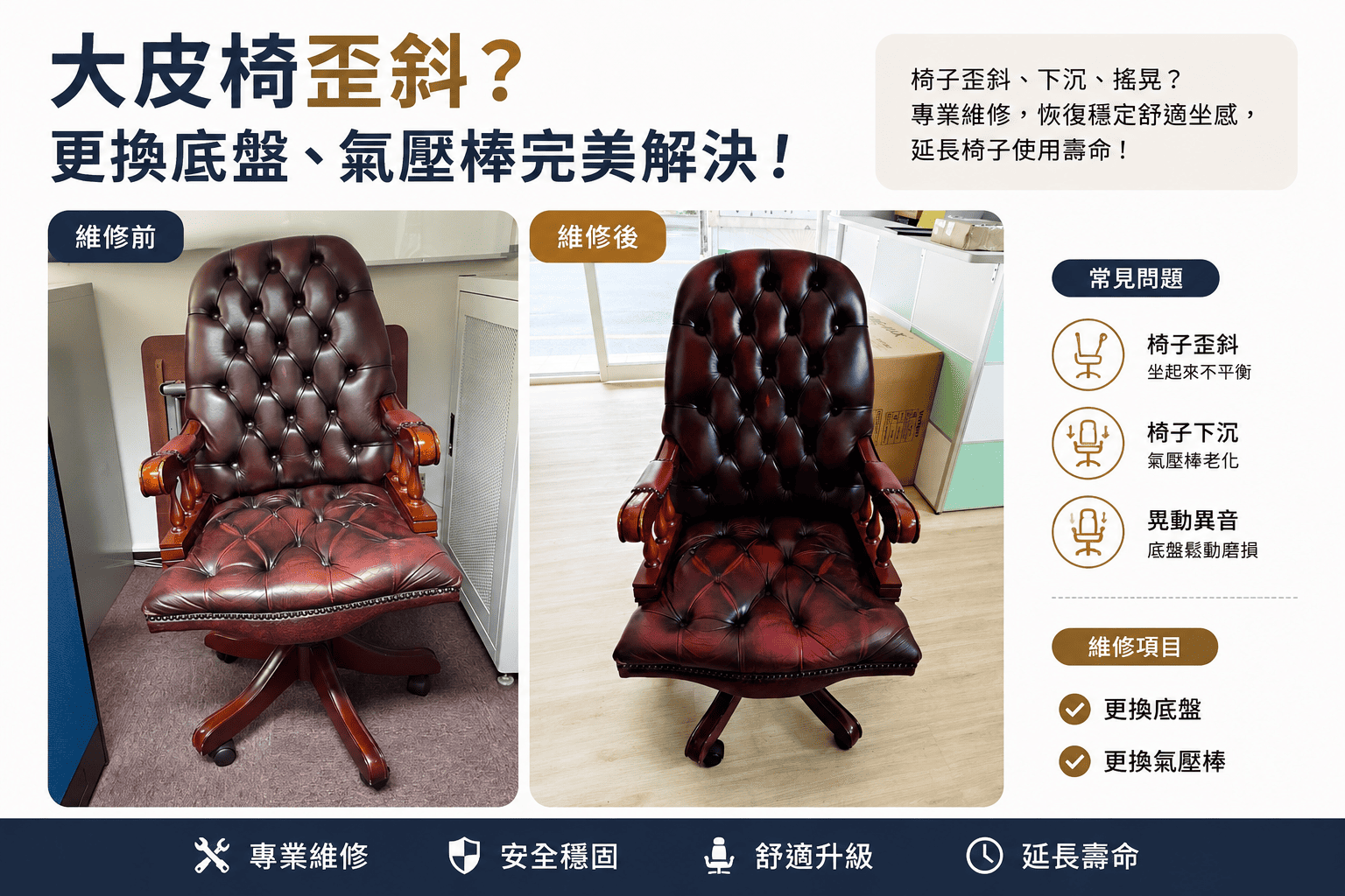 真皮椅歪一邊怎麼辦？ 更換底盤、氣壓棒一次解決