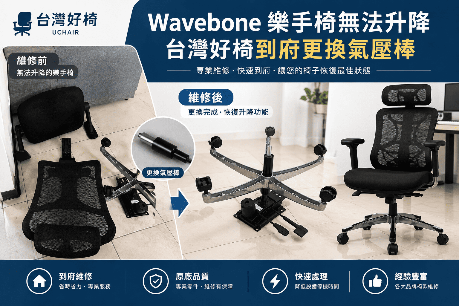 Wavebone 樂手椅無法升降｜台灣好椅到府更換氣壓棒